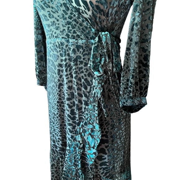 Calvin Klein Dress Size 4 Velvet Emerald Green Animal Print Ruffle Bow Holiday - Picture 4 of 7